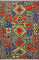 Flat Weave Kilim Antique Navaho Vintage handmade Geometric Kilim Brown Rust Hand-Woven Rectangle 100% Wool Area Rug 3x4